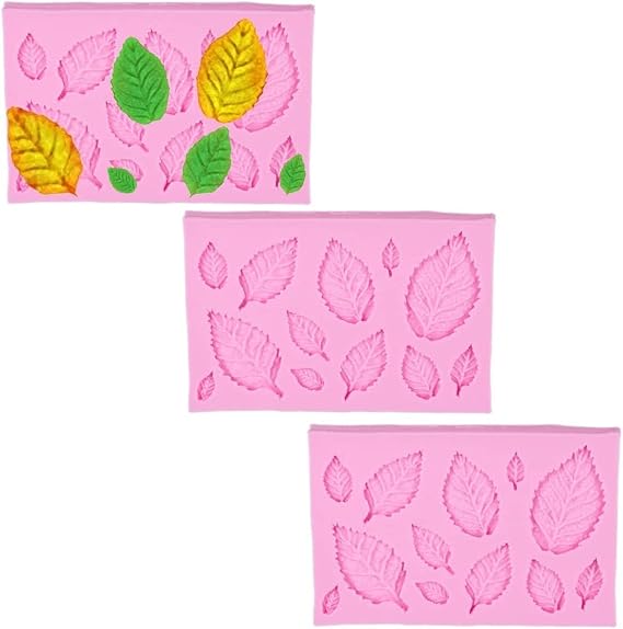 3Pcs Pink 3D Small Leaf Molds Silicone for Sugar Paste, Chocolate, Fondant, Butter, Resin, Polymer Clay, Wax, Soap, Crafting Projects and Cake Decoration Decorating Clay Molds