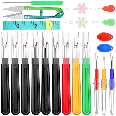 Seam Ripper Set, Ergonomic Grip Seam Ripper for Sewing Crafting 6 PCS Stitch Remover Tool, Seam Rippers for Sewing, Needle Threaders, Tape Measure, Tailors Awl, Thread Snips