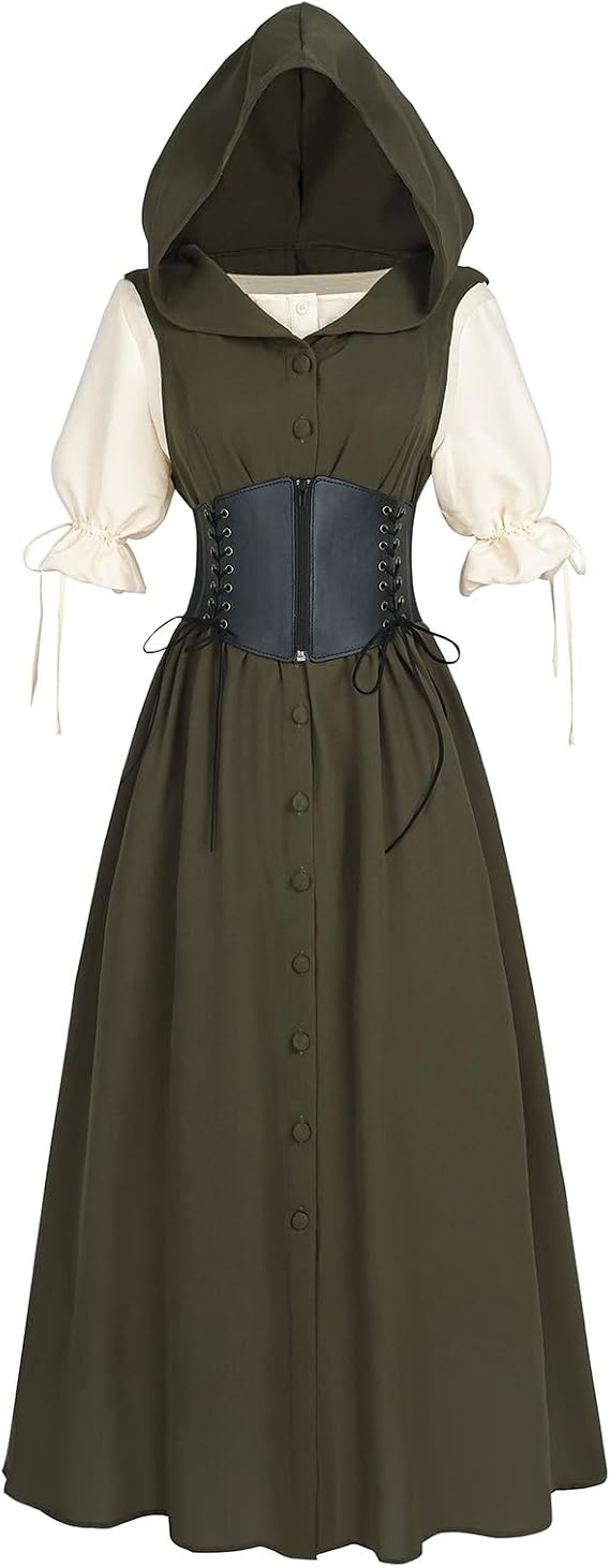 LTAKK Renaissance Costume Women Medieval Dress Ren Faire Hooded Dresses with Corset