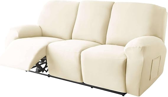 Polyester 8-Piece Recliner Couch Covers 3 Seat, Stretch Soft Lazy boy Reclining Sofa slipcover with Pocket Armchair Covers for Kids Pets Cat Dog-Ivory-3 Seat