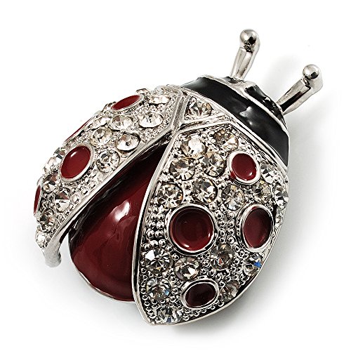 Red Enamel Ladybug Brooch Silver Tone