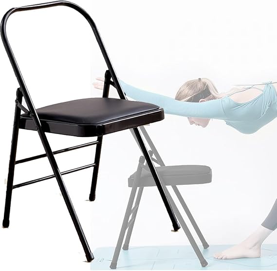 Iyengar Yoga Chair, Folding Yoga Auxiliary Chair, Foldable Yoga Chair with Non-Slip Feet Covers for Flexibility and Strength Training(Black)
