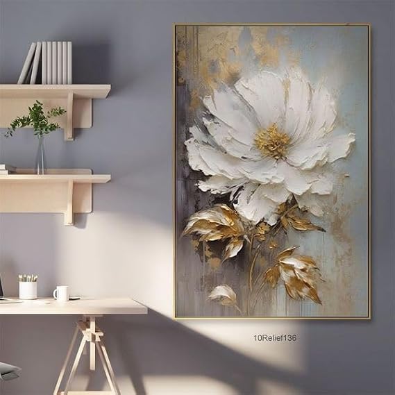 DREAMSPACE 24X36 Large Canvas Wall Art: Hand Painted Oil Painting of White Flowers for Living Room Bedroom Kitchen Home Apartment Office Decor Blooming Serenity