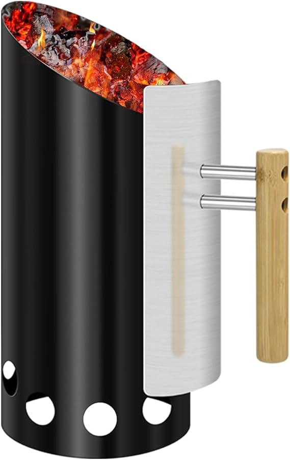6.5"X14.5" Double enameled Charcoal Chimney Starter with Stainless Steel Heat Shield & Wood Handle Easy Cleaning Charcoal Starter for Grill and Firepit