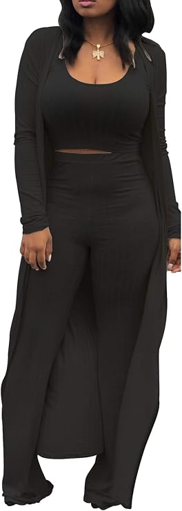 LKOUS Women's 3 Piece Ribbed Knit Cardigan Wide Leg Pants Casual Set
