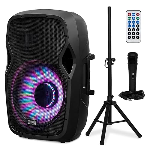 Acoustic Audio by Goldwood 1000W Bluetooth Speaker w Flashing LED, Large Plug-In PA System w Stand, Mic, Remote for Karaoke, DJ, or Tailgate Party