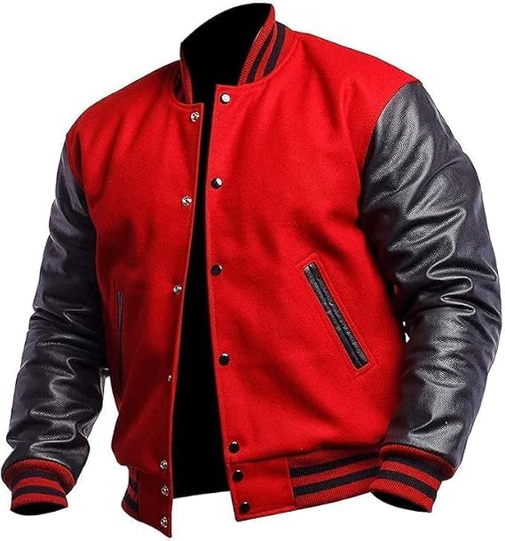 Men's Varsity Jacket Genuine Leather Sleeve Wool Blend Letterman Jacket - High School Baseball Bomber Jackets