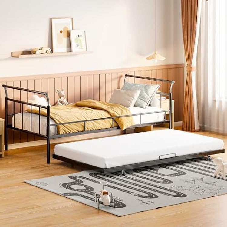 Metal Daybed Frame with Trundle, Twin Size Metal Daybed with Curved Handle Design and Twin Size Trundle for Apartment, Kids, Teens, Girls, Boys, No Box Spring Needed, Easy to Assemble