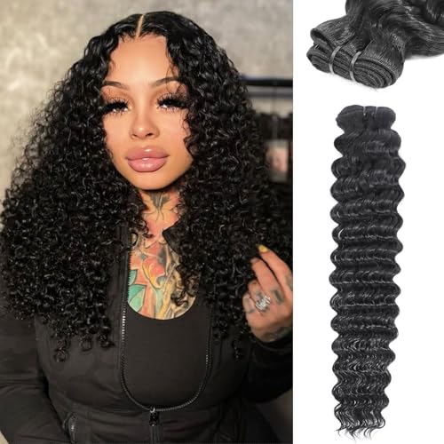 Dilekay 12A Human Hair Bundles 14 Inch Deep Wave Bundles Human Hair 100% Unprocessed Brazilian Virgin Curly Wavy Bundle Human Hair Extensions for Women Natural Black