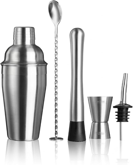 Paslanmaz Çelik Kokteyl Shaker Seti, Karıştırma Kaşığı, Jigger, Muddler ve Likör Döküm Ucu Dahil 500 ml