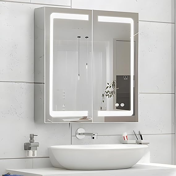 Stainless Steel LED Mirror Cabinet,Bathroom Mirror Cabinet with Light,3 Color,Dimmable,Equipped with Defogger,USB Shavor Socket,Internal Light,76cm×81cm