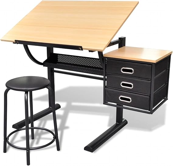Adjustable Height Drafting Table with Two Drawers and Tiltable Tabletop Artist Drawing Table for Artwork and Graphic Design Craft Desk with Stool for Artists