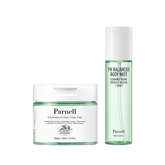 Parnell Cicamanu Body Care Duo Cotton Clear Pad with Centella, LHA & Ceramide for Exfoliation + pH Balanced Body Mist with Hyaluronic Acid & PHA for Hydrating Body Acne Care | KoreanBody Care Set
