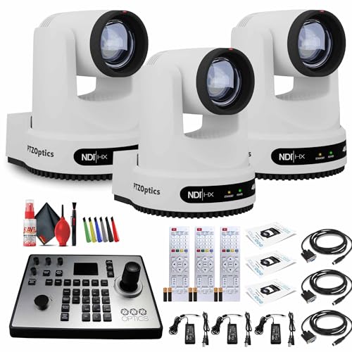 PTZOptics 3 x Move 4K SDIHDMIUSBIP PTZ Camera with 20x Optical Zoom White PT20X-4K-WH-G3 PT-Joy-G4 Joystick Controller  Cleaning Kit and Color Wire Ties Bundle