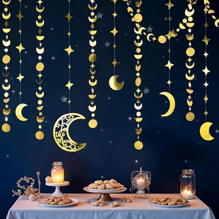 Cheerland Gold Star Moon Garlands to The Moon Party Decorations Celestrial Birthday Decor Moon Phase Hanging Streamer Crescent Stars Kids Room Witchy Whimsical Ramadan EID Mubarak Party Supplies