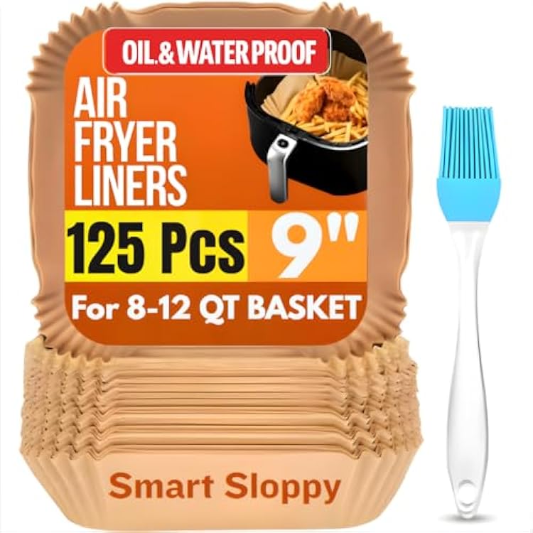 Air Fryer Liners Disposable Parchment Paper Liner Airfryer Basket inserts Filter Sheets EXTRA THICK 40 GSM - Pack of 125 125, 9 Square