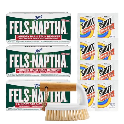 Fels-Naptha Laundry Detergent Bar Soap and Stain Remover Bundle - Includes 3 5-ounce Fels Naptha Laundry Bar, 8 Shout Wipes, Eco Bamboo Scrub Brush, DIY Detergent Recipe by Foxtail Collective