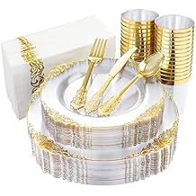 Nervure 275PCS Clear Gold Plastic Plates - Gold Disposable DinnerwareSet .Include 150 Disposable Plates,75 Plastic Silverware,25 Cups,25 Napkins for Christmas & Party