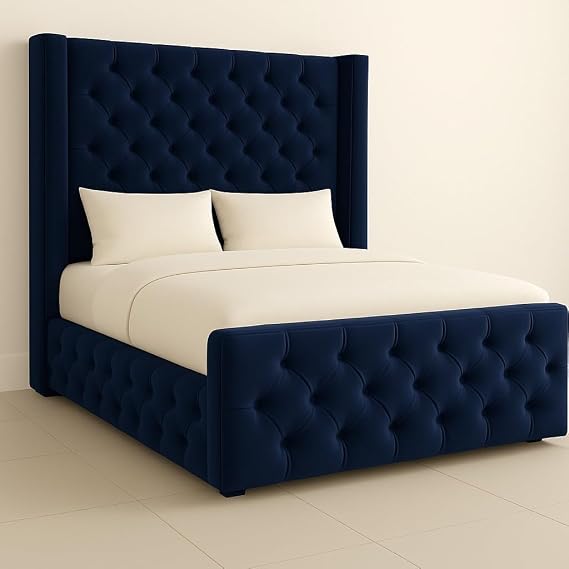 Bespoke Beds Chesterfield Royal Winged Bed Frame - Mattress/Gas Lift Options - UK Made - Double/King/Super King (Navy Blue Plush, Double 4ft6 with Gas Lift)