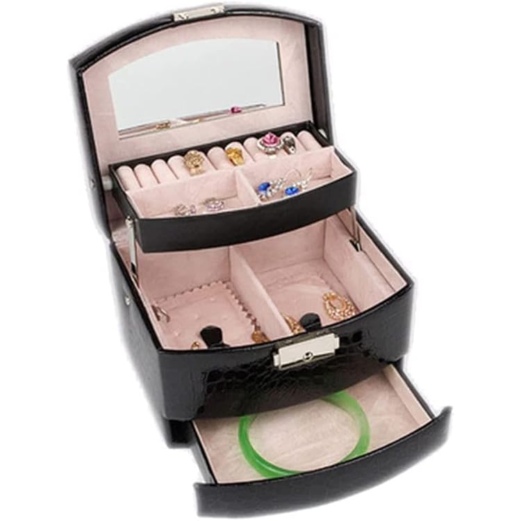 Large Capacity Three-Layer Jewelry Box European Style Leather Box with Lock Mirror Ladies Jewelry Box Color : E