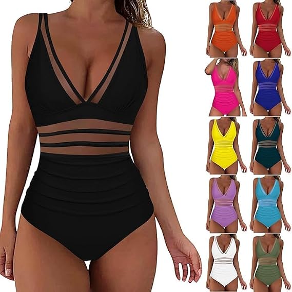 Sexy Swimsuits for Women One Piece Bathing Suit Mesh Swimwear Deep V Push Up Simming Suit Tummy Control Monokini
