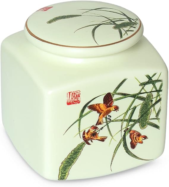 Dahlia Famille Rose Porcelain Tea Canister for Loose Tea, Airtight Jingdezhen Tea Caddy, Dancing Birds 325 ML