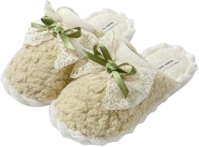 Hycurey Women's Lace Bowknot Closed Toe Fuzzy Slippers Indoor Winter Warm Plush Slides Cute Fuzzy House Bedroom Slippers