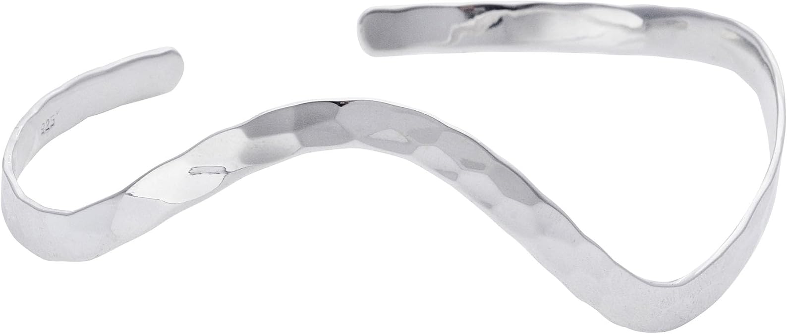 Silverly Women's .925 Sterling Silver Polished Hammered Wavy CurvedS Adjustable Bangle Bracelet