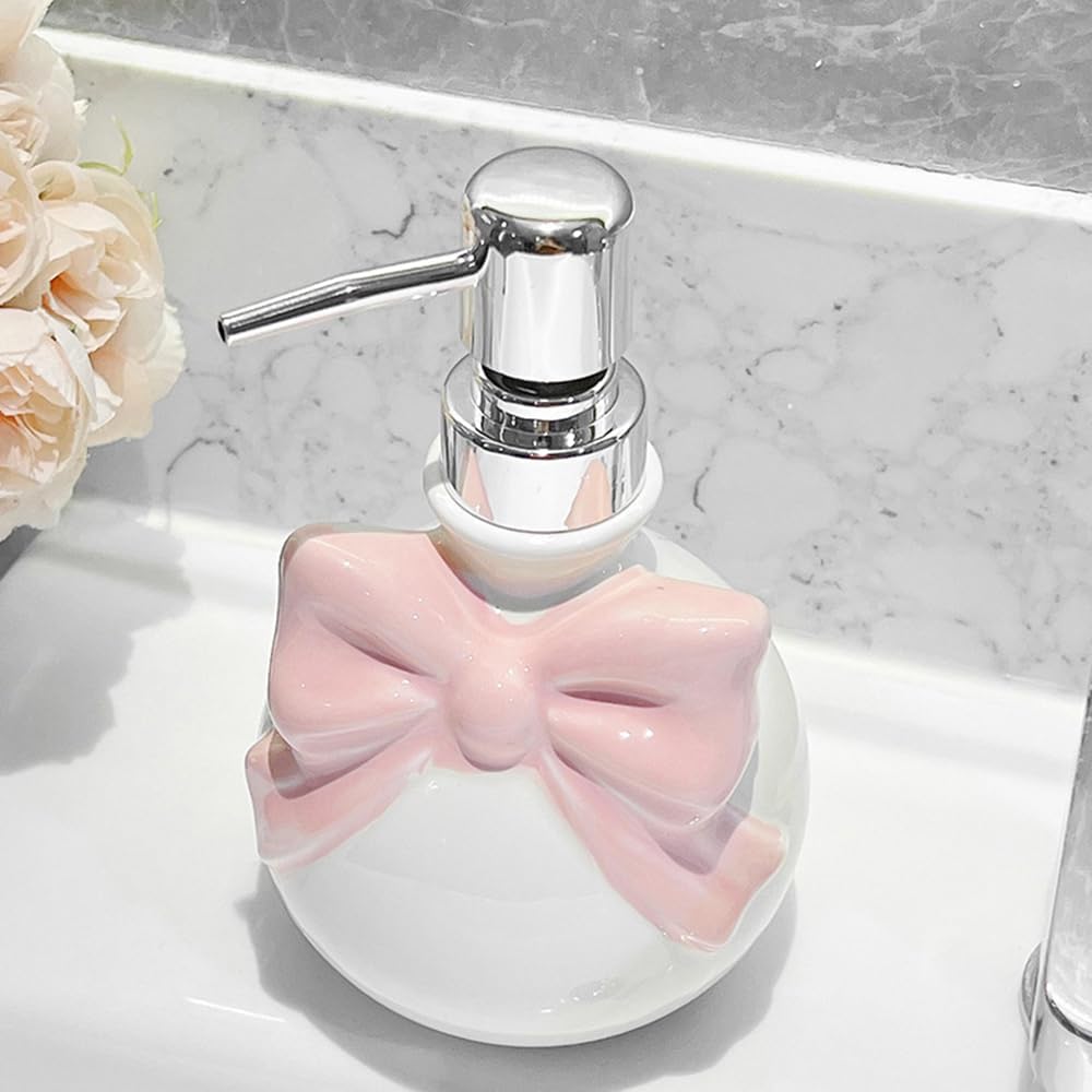 Pink Bow Ceramic Soap Dispenser - Cute Lotion Bottle for Girls Women, Refillable Hand Liquid Soap Dispenser with Pump for Bathroom Decor, Dish Soap Bottle for Kitchen Countertop 350ml/11.8oz