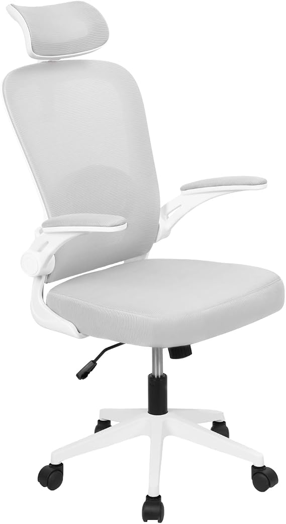 Office Computer Desk Chair, Ergonomic Desk Chair with Lumbar Support, Height Adjustable Mesh Swivel Computer Chair, Executive Office Chair with Headrest and Flip-up Armrest White