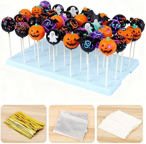 Cake Pop Stand Bundle, 35-Hole Blue Cake Pop Display Stand Holder with 200 Cake Pop Sticks, 200 Clear Treat Bags and 200 Gold Twist Ties, Lollipop Holder for Birthday, Baby Shower, Wedding and Party D