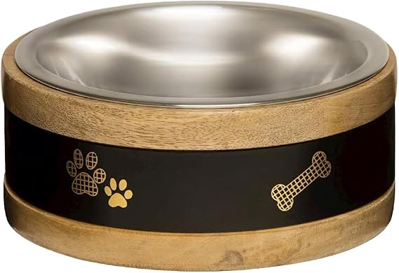 INDIPETS Wooden Ring with Metal Plate: Non-Skid Pet Water and Food Bowl | 1 Quart, Black (PN: 90140)