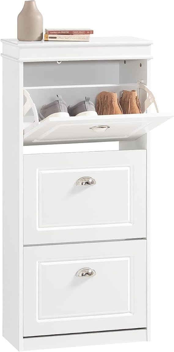 SoBuy White Shoe Cabinet with 3 Flip Drawers, Narrow Freestanding Shoe Rack Entryway, Hidden Slim Shoe Rack with Drawer FSR94-W (9.45" D x 20.87" W x 46" H)