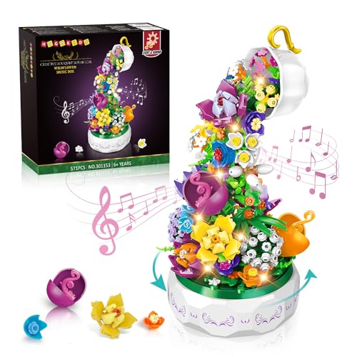 HOGOKIDS Flowers Music Box Building Block Kit with Light- 571PCS Valentines Day Gifts Decoration Rotating Music Box Blocks Set | Botanical Collection Birthday Gift Girls Boys Adults Kids Ages 6