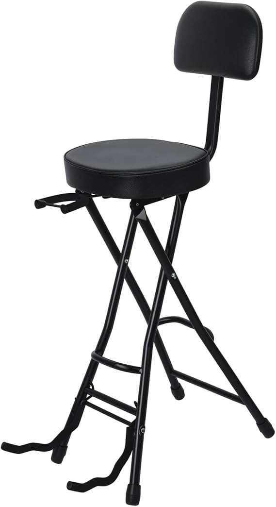 Guitar Stool with Padded Cushion, Ergonomic Backrest, Folding Chair with Guitar Stand, Adult Portable Folding Stool Black