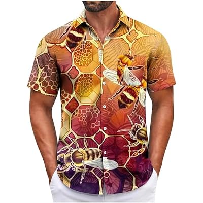 Beach Shirts for Men Summer Bee Festival Shirts Casual Loose Short Sleeve Blouses Plus Size Button Vacation Shirts