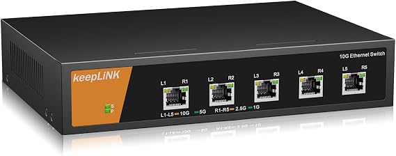 5 Port 10G Network Switch Unmanaged, Multi-Gig Ethernet Switch Desktop/Wall-Mount Plug & Play Fan Cooling, Sturdy Metal Casing
