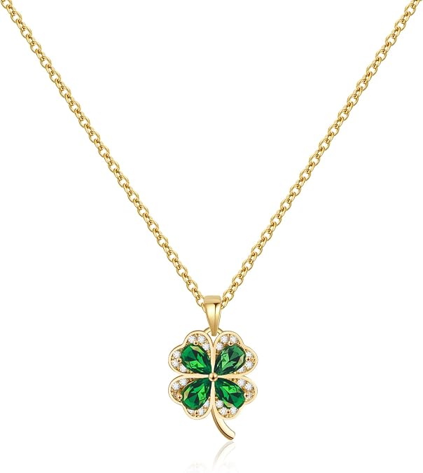 Gold Clover Necklace with Emerald Peridot Four Leaf Clover Necklace for Women Olive Green Clover Heart Necklace Clover Jewelry for Gift