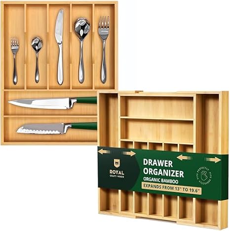 ROYAL CRAFT WOOD Luxury Bamboo Kitchen Drawer Organizer - Silverware Organizer - Utensil Holder and Cutlery Tray with Grooved Drawer Dividers for Flatware and Kitchen Utensils