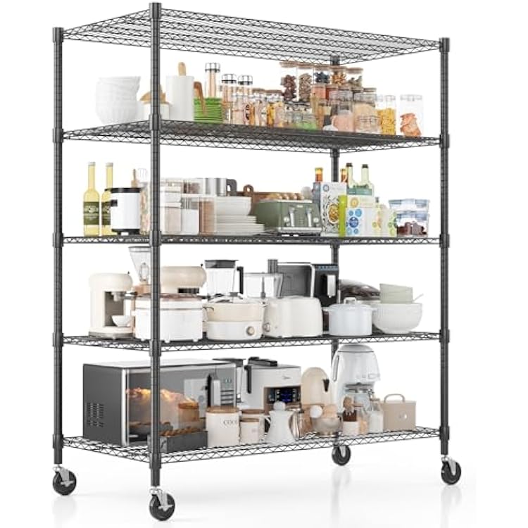 Homdox Heavy Duty Storage Shelves, 5 Tier Wire Shelving Unit with Wheels, Commercial Adjustable Metal Shelves for Storage, Garage Rack Pantry Shelves Kitchen Shelving, 24x60x82, Black