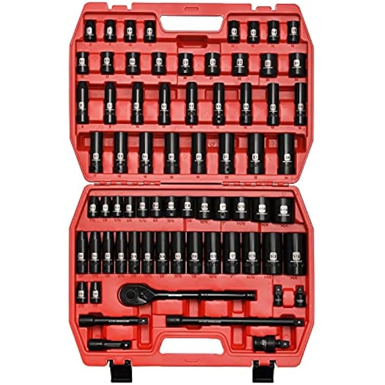 MIXPOWER 12-inch 70 Pieces Impact Socket Master Set, SAE and Metric, 516-Inch to 1-14-Inch and 8-24 mm ShallowDeep