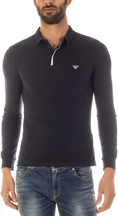 Armani Long Sleeve Polo Shirt Satin Trim in Navy-M