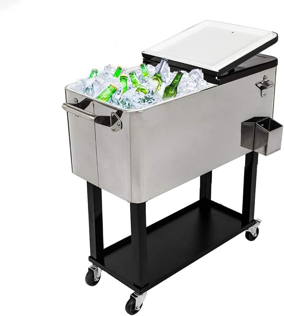 80 Quart Rolling Ice Chest on Wheels, Portable Party Bar Cold Drink Beverage Cart Tub for Outdoor Patio Deck, Dark Brown Wicker Faux Rattan Tub Trolley, Wheels