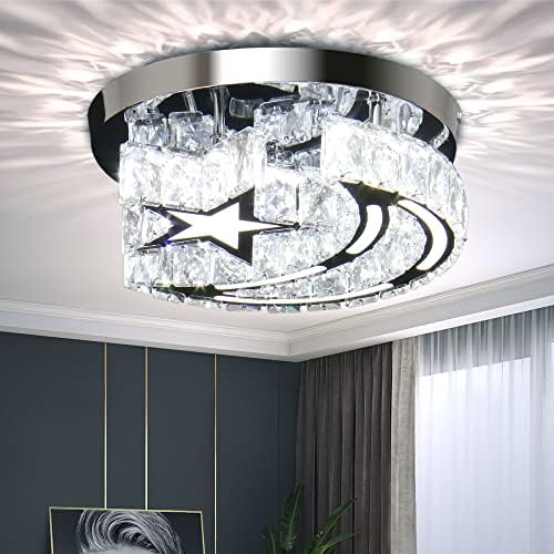 FRIXCHUR Small Crystal Ceiling Light Modern Crystal Chandelier Star Moon LED Flush Mount Ceiling Lights Fixture for Bedroom Hallway Entryway Cool White