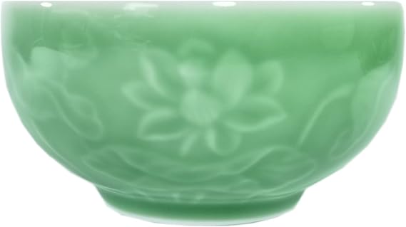 Handmade Celadon Chinese Cereal Bowl Porcelain Rice Bowl for Salad 10oz Engraved Lotus Ceramic Microwave and Dishwasher Safe (Green)