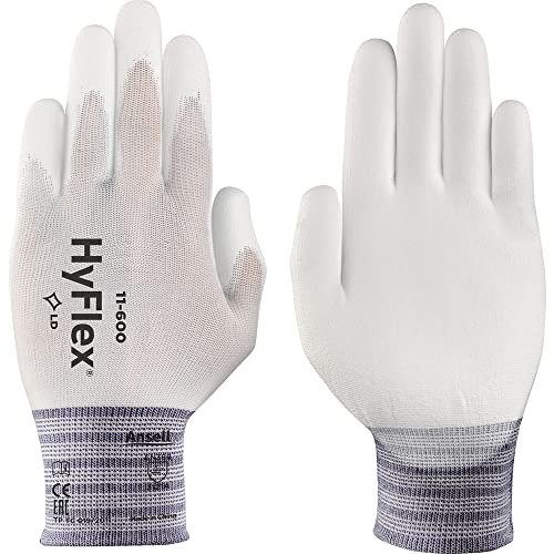 Ansell 103328 HyFlex Lite 11-600 White Polyurethane Coated Knit Gloves, 0.29 Height, 9 Length, 4.5 Wide, Size 8, White Pack of 12