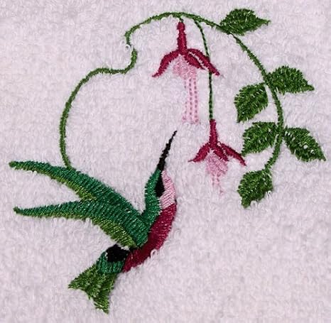 Bath Towel Set with Embroidered Hummingbird with Flowers - White