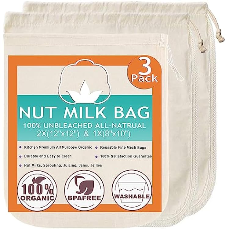 Nut Milk Bag Cloth Strainer for Food, 3 Pack 12 2 of 12X12  1 of 10 Organic Reusable Kitchen Premium Fine Mesh Cheesecloth, Sprouting, Juicing