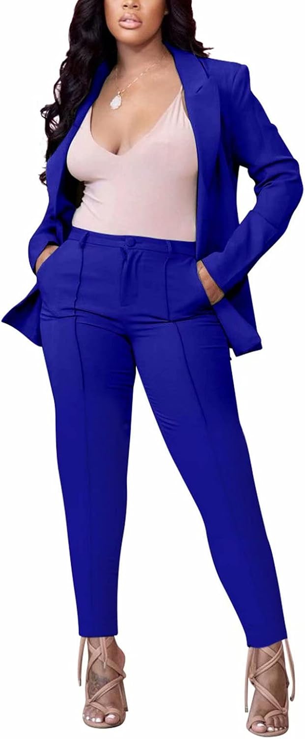Womens Casual 2 Piece Outfits Long Sleeve Lapel Collar Open Front Jacket Top and Pants Suit Set Tracksuit Blue XL