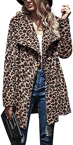 chouyatou Women's Warm Open Front Faux Fur Lapel Leopard Print Jacket Overcoat